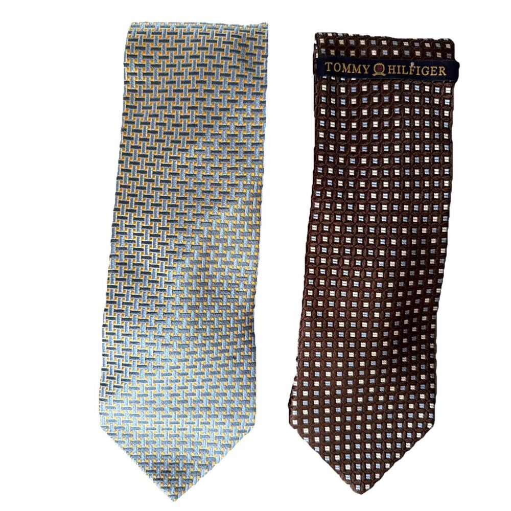 Tommy Hilfiger 2 Silk Ties Neckties Geometric Square Blue Brown Y2k New USA Gift